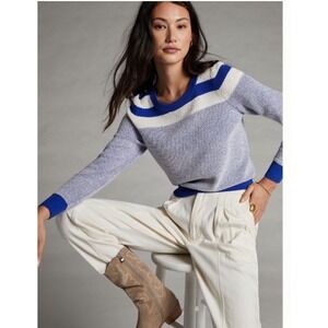 Maeve Anthropologie Blue White Striped Textured Knit Crew Neck Sweater Small